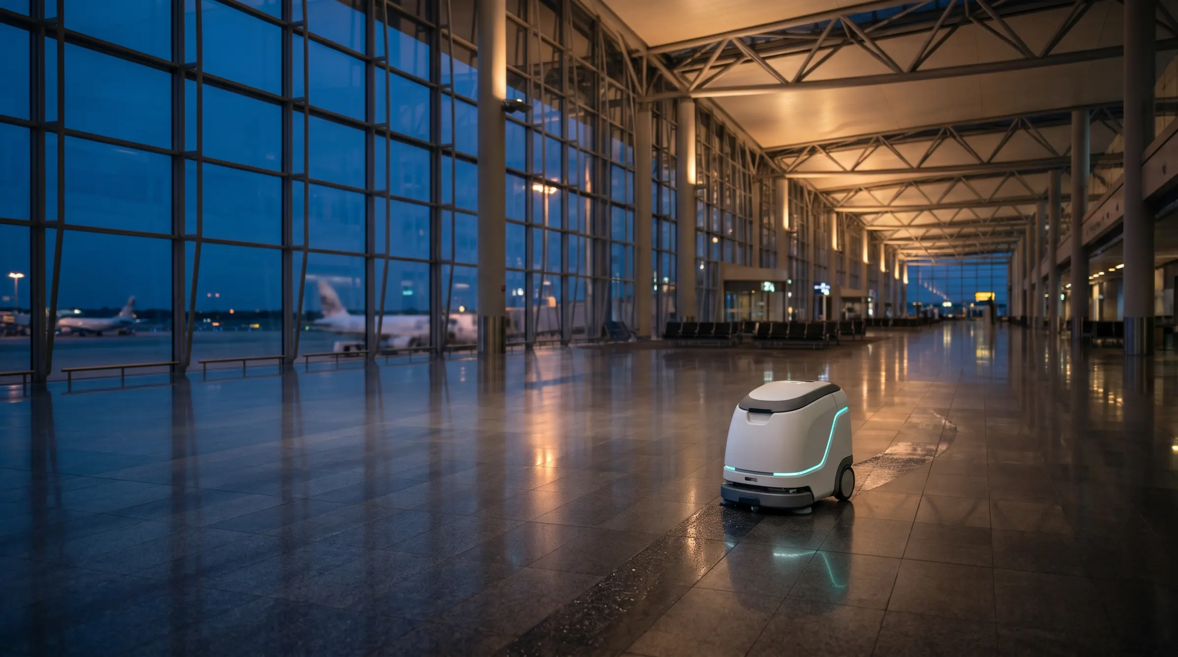 Alacakaranlıkta geniş bir havalimanı terminalinde zemini temizleyen otonom robot