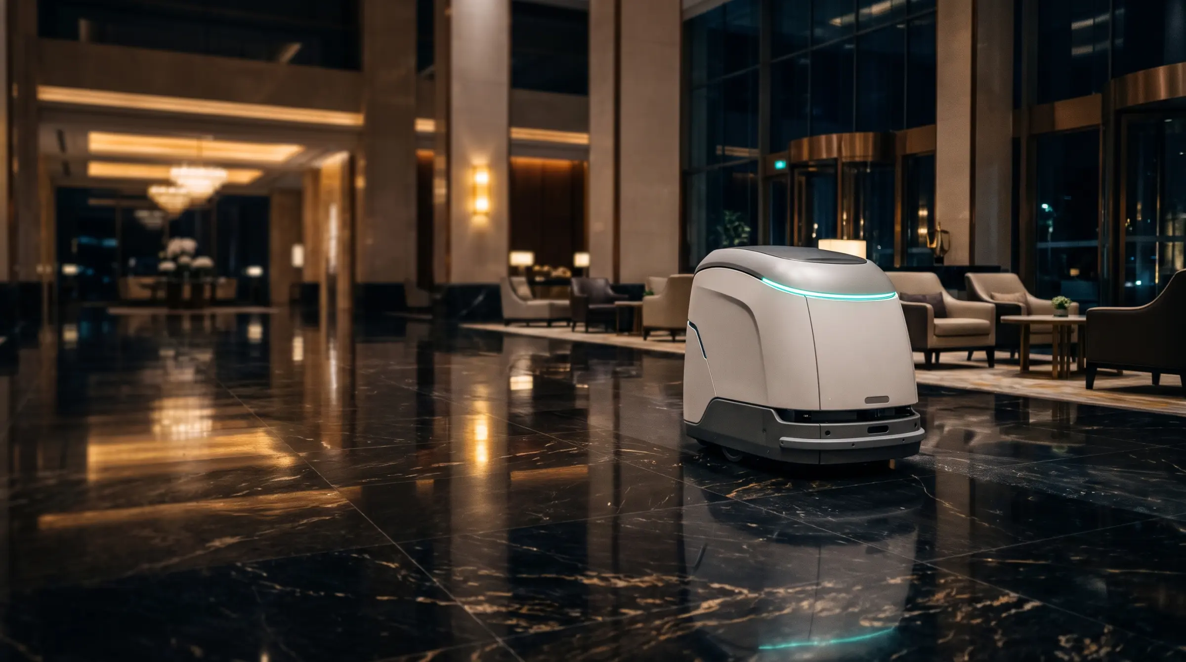Lüks bir otel lobisinin mermer zemininde gece çalışan temizlik robotu