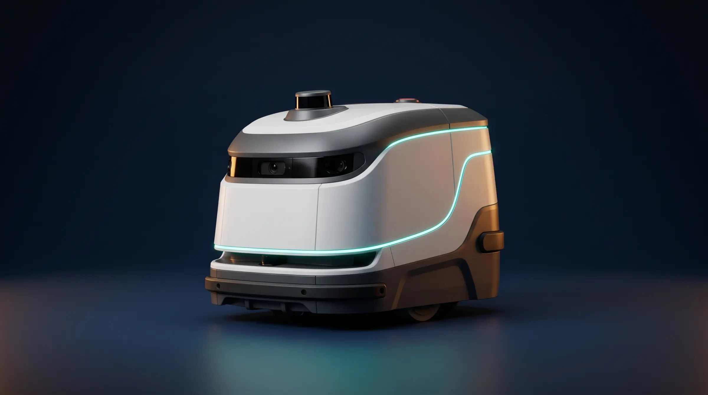 Lacivert fon önünde beyaz otonom yer temizlik robotu